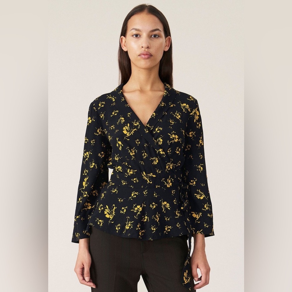 Ganni Black Wrap Top with Yellow Floral Print